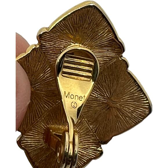 Vintage Monet Gold Clip-On Earrings with Green & Blue Enamel Diamond Shape 1980s - Picture 9 of 9